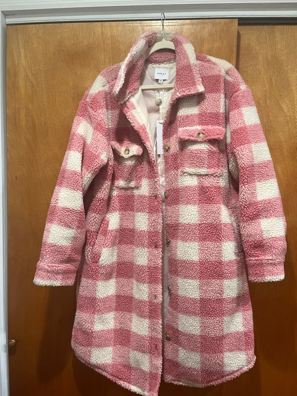NWT Gilli Pink & White Plaid Sherpa Coat